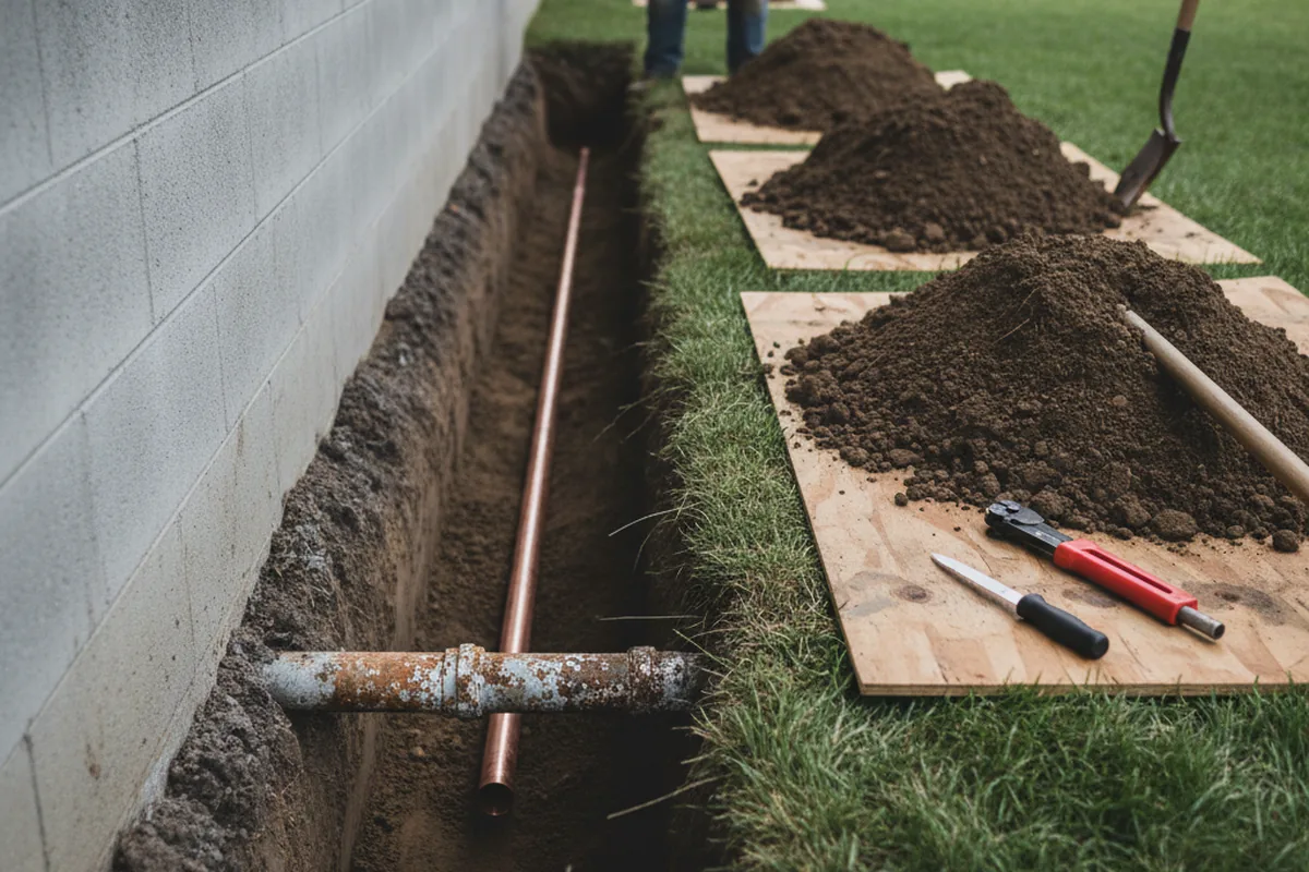 Excavated water line trench during Sewer Line Repair in Monroe City